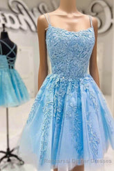 Blue A-line Spaghetti Straps Lace Short Semi Formal Prom Dresses, Homecoming Dresses